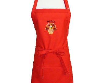 Embroidered Turkey Apron: Happy Thanksgiving Chef Gift (Personalized Monogram) 4 Sizes with Pockets