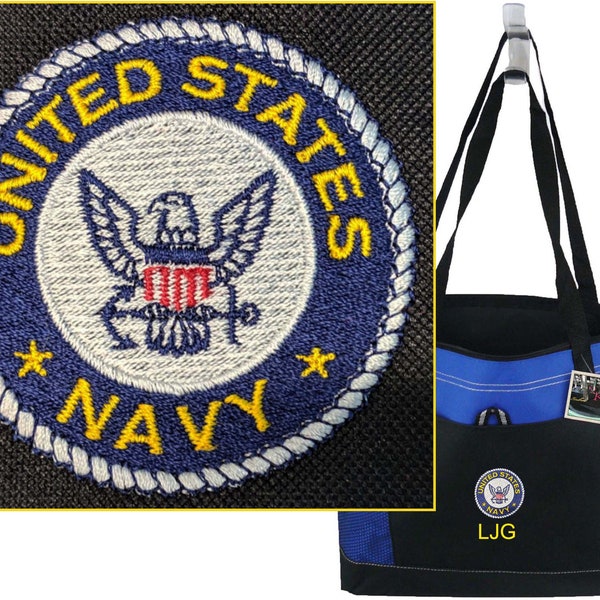 United States Navy Monogram on Bag Embroidered Military Gemline Select Zipper Tote  + Free Name