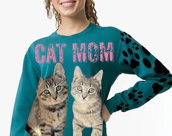Cat Mom Comfort Colors Crewneck Sweatshirt Custom Designed, Made with your Kitten Pics!