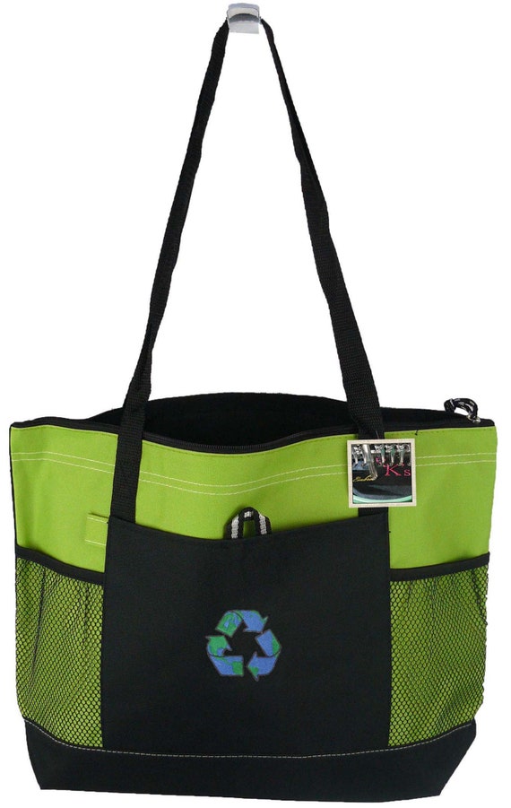 Recycle Symbol Monogram Earth Day Gemline Select Zippered Tote Bag Eco Green Living Monogram Custom Embroidered + Free Name Il_570xn