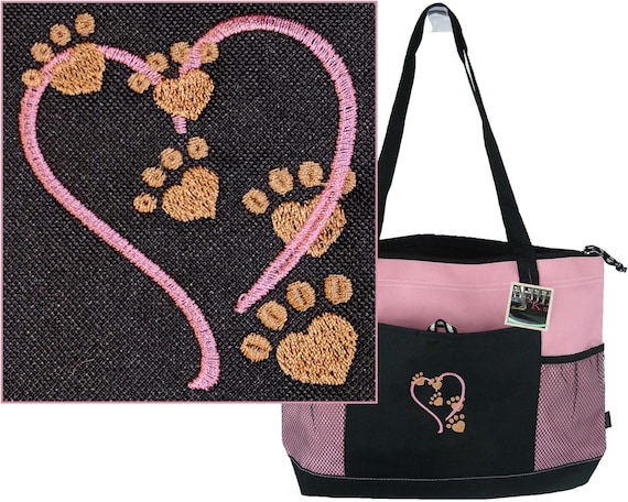 Paw Prints & Heart Rescue Pet Animal Shelter Monogram Custom Embroidered Gemline Select Zippered Tote Bag Animal Travel Tote + Free Name Il_570xn