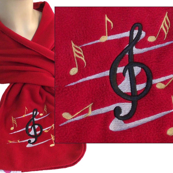 Treble Clef Music Notes Monogram on Scarf Personalized Warm Fleece Custom Embroidered Musical Musician Chorus Choir Band Conductor Director