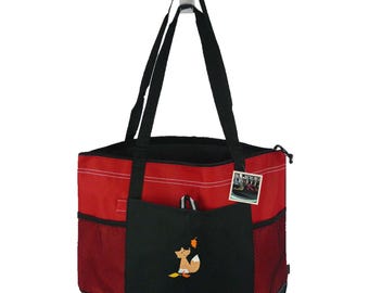 Fox in Fall Leaves Monogram on Bag Custom Embroidered Woodland Creature
