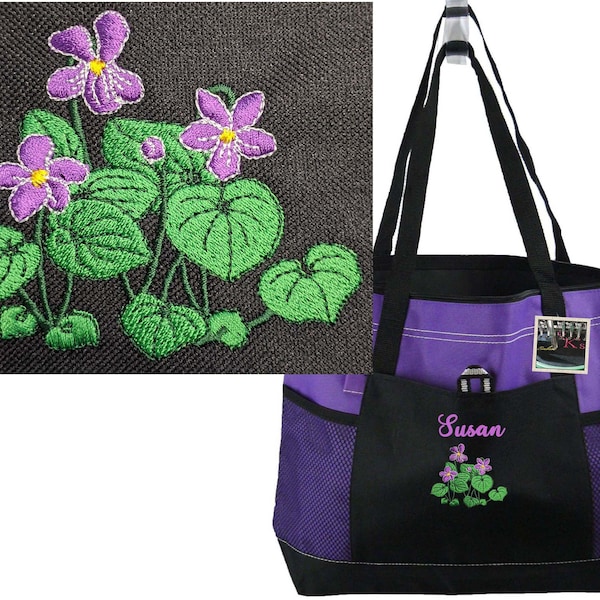 Pansies Monogram on Bag Personalized Pansy Flowers Gemline Select Zipper Tote Custom Embroidered Violets Gardner Gift