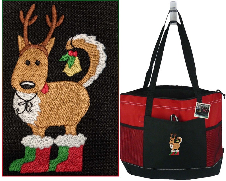 Funny Christmas Dog Gemline Select Zippered Holiday Tote Bag Monogram Custom Embroidered Free Name