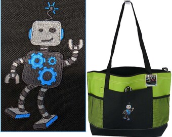 Robot Dancing Embroidery on Bag Custom Made Zipper Tote Personalized Monogram Robotics Club