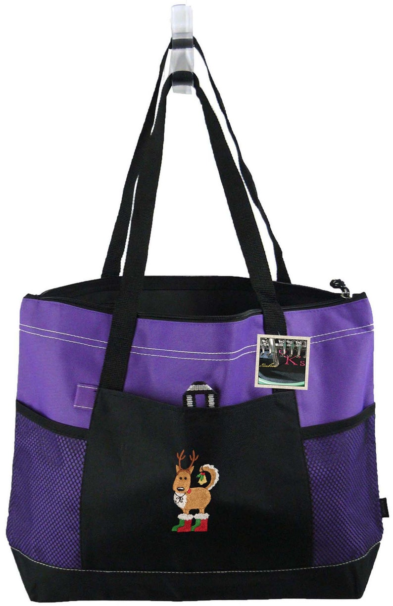 Funny Christmas Dog Gemline Select Zippered Holiday Tote Bag Monogram Custom Embroidered Free Name