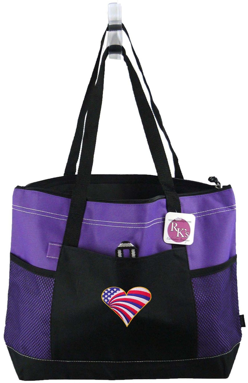 Free Name Flag Heart Patriotic Embroidered Veteran/'s Labor Day Gemline Select Zippered Tote Bag