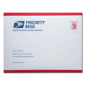 May include: A white Priority Mail envelope with a red border. The envelope is for flat rate mailing and is for domestic and international use. The United States Postal Service logo is in the top left corner. The text "PRIORITY MAIL" is in blue letters. The text "UNITED STATES POSTAL SERVICE" is in black letters. The text "Flat Rate Mailing Envelope" is in black letters. The text "For Domestic and International Use" is in black letters. The text "Visit us at usps.com" is in black letters.