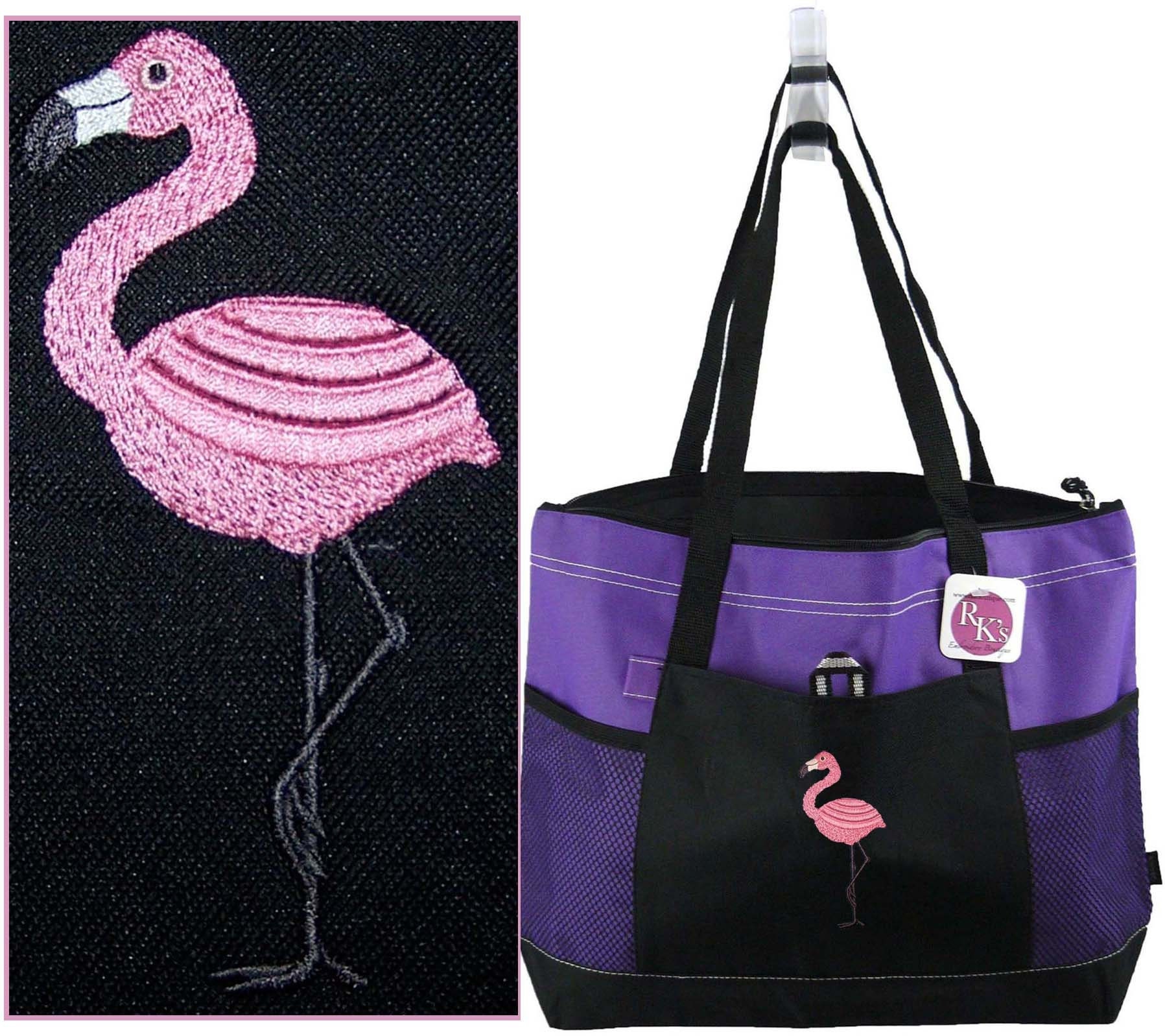 Tropical Pink Flamingo Monogram Black Gemline Zip Tote Vacation Beach Bag Gift 