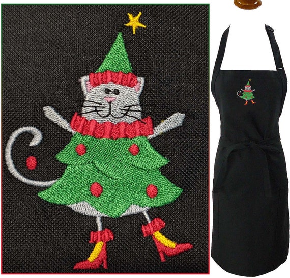 Christmas Cat in Tree Apron Youth Or Adult Size Funny Holiday Baking Baker Custom Embroidered + Free Name Il_570xn
