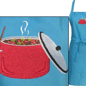 May include: A light blue apron with a red embroidered pot of stew, a wooden spoon, and a lid. The apron has a tie at the waist and two pockets. The pot has steam rising from it.
