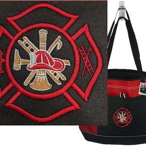 May include: A red and black tote bag with a firefighter emblem embroidered on the front. The emblem features a fire hydrant, an axe, a ladder, a hose, and a firefighter's helmet.