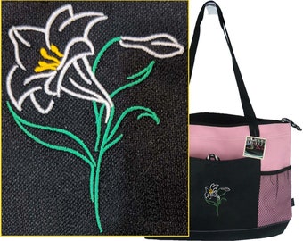 Lily Flower Monogram on Bag Personalized Gemline Select Zippered Tote Gardner Gardening Custom Embroidered