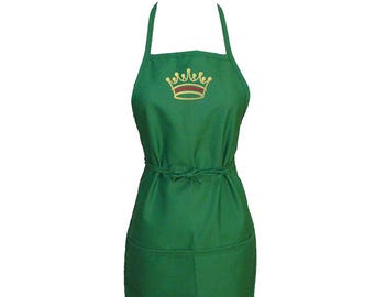 Embroidered Crown Pocket Apron: Custom Monogram Kitchen Smock 4 Sizes