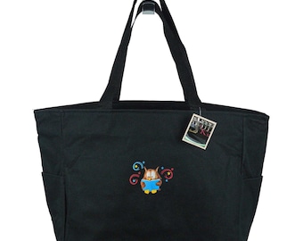 Owl Embroidery Reading Book Bag Personalized Monogram | Zipper or without Essential Tote Custom Made