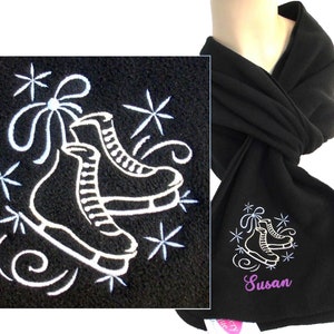 Ice Skates Snowflakes Monogram on Scarf Personalized Warm Winter Soft Fleece Figure Skater Coaching Mom Dad Gift Custom Embroidered