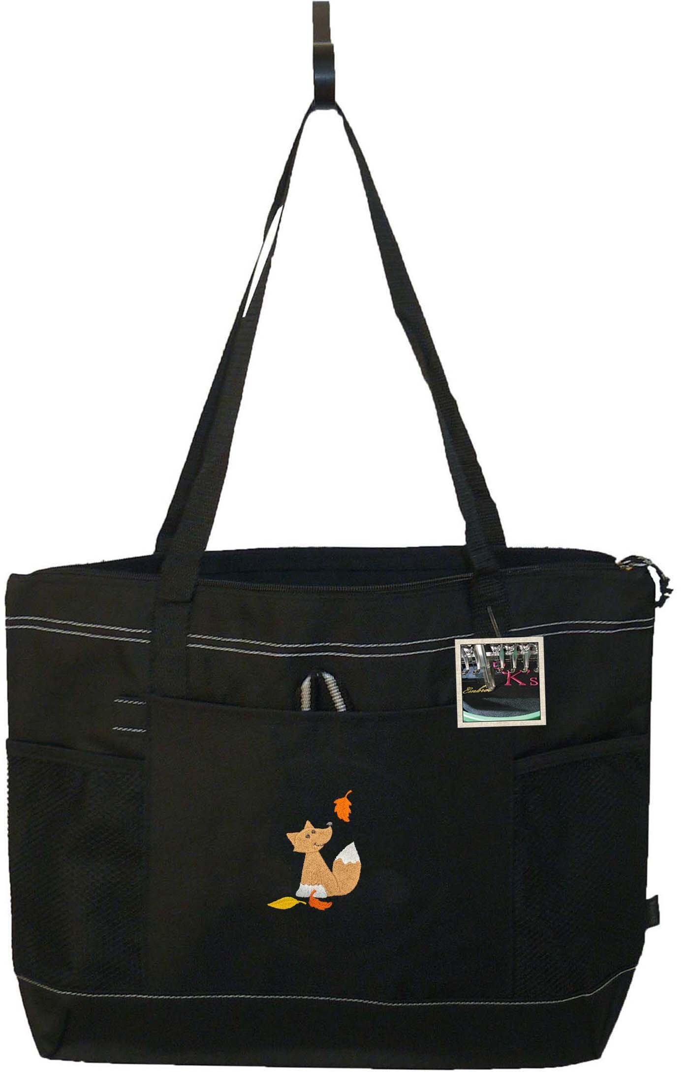 Fox in Fall Leaves Monogram on Bag Personalized Autumn Gemline Select Zipper Tote Custom Embroidered Baby Shower Daycare Woodland Creature