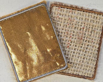 Burlap Coffee Bag, Metallic Gold Upcycled Patches Blank or Printed | Sew on, Heat Bond, Hook & Loop