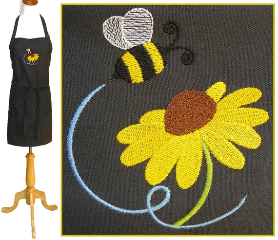 Buzzing Bumble Bee & Black Eyed Susan Flower Monogram Apron Youth or Adult Size Custom Embroidered + Add Name Free Garden Kitchen Chef Gift Il_570xn