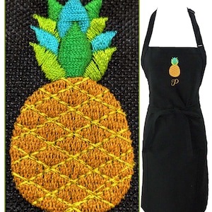 May include: Black apron with a pineapple design embroidered on the front. The pineapple is yellow, green, and blue. The apron has a pocket on the front and adjustable straps.