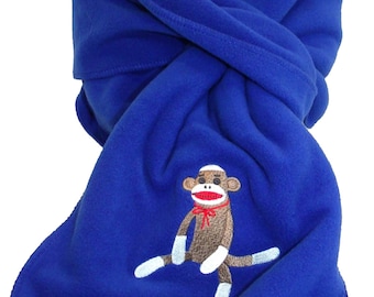 Sock Monkey Embroidery on Scarf Warm Winter Fleece Scarf Custom Monogram