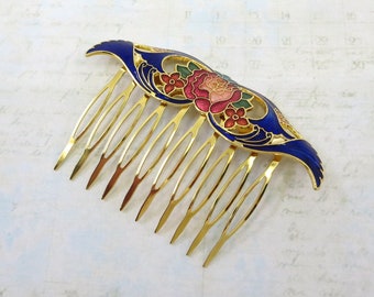 Vintage Cloisonne Hair Comb, Vintage Enamel Hair Comb, Blue Butterfly, Flower, Jewelry, Gift