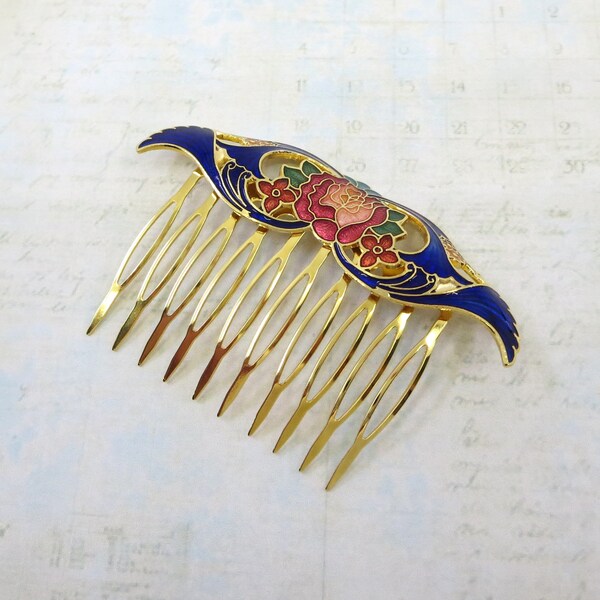 Vintage Cloisonne Hair Comb, Vintage Enamel Hair Comb, Blue Butterfly, Flower, Jewelry, Gift