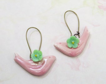 Pink Porcelain Bird Earrings, Bird Jewelry, Pink Birds, Gift