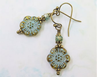 Glass Flower Earrings, Czech Glass Earrings, Blue Honey Gold, Beaded Floral Earrings, Jewelry, Gift