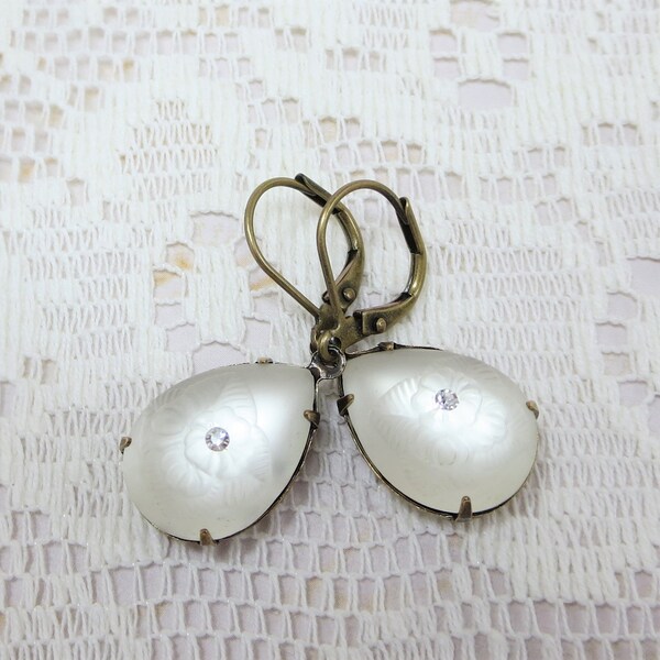 White Crystal Earrings White Frost Matte Earrings Estate Style Victorian Earrings April Birthstone Jewelry Gift