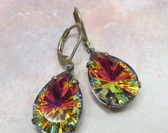 Vitrail Glass Earrings Rainbow Teardrops RARE Vintage Glass Jewels Jewelry Gift