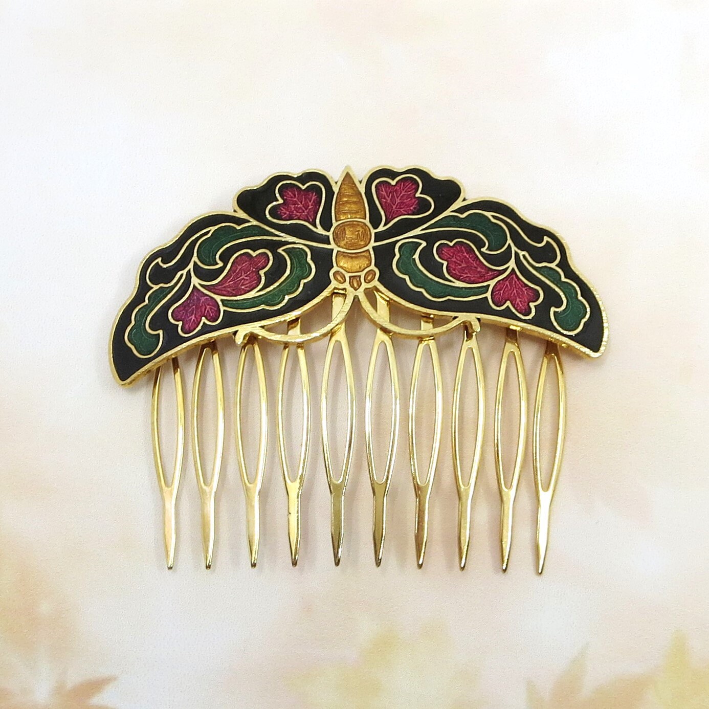 Vintage Cloisonne Hair Comb, Gold Vintage Hair Comb 