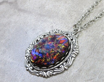 Black Opal Necklace Pendant Large Black Fire Opal Pendant Vintage Glass Jewelry Gift