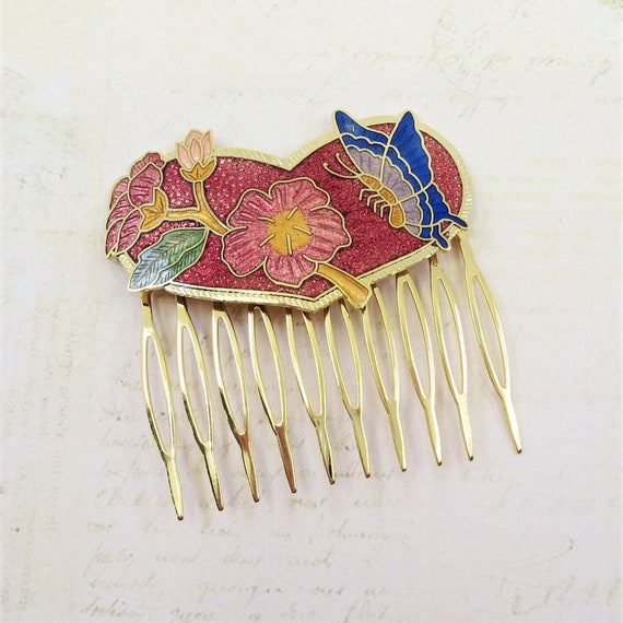 Vintage Cloisonne Hair Comb Red Vintage Enamel He… - image 1