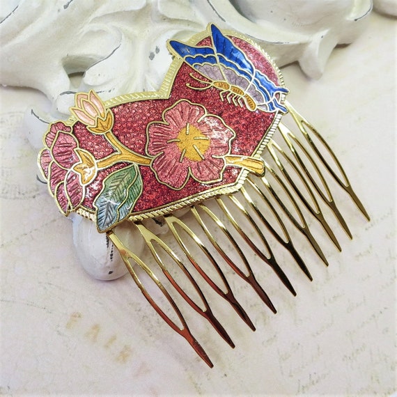 Vintage Cloisonne Hair Comb Red Vintage Enamel He… - image 2