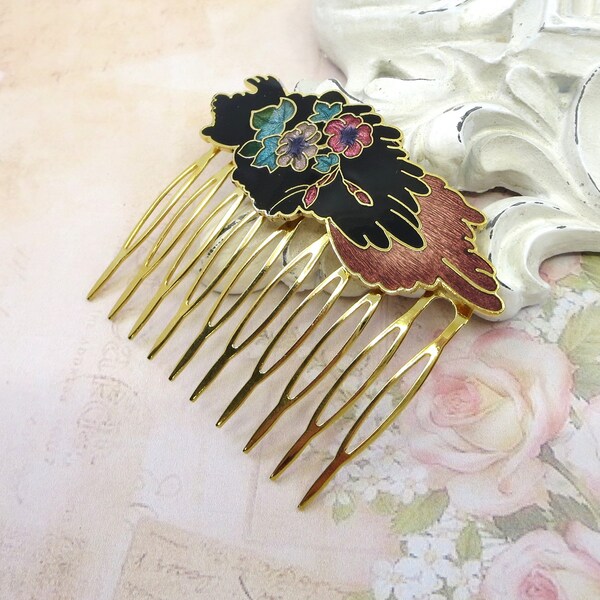 Vintage Cloisonne Hair Comb, Vintage Enamel Hair Comb, Flower, Jewelry, Gift