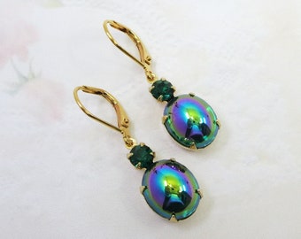 Emerald Green Earrings, Aurora Borealis Earrings, Rainbow, Iridescent, Vintage Glass, Jewelry, Gift