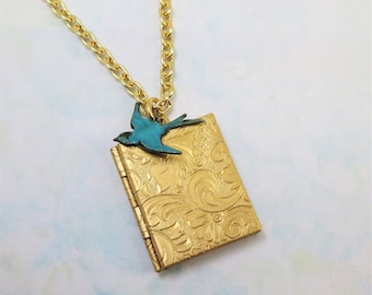 Blue Bird Book Locket, Gold Book Locket, Flower Book Locket, Bird Jewelry, Gift