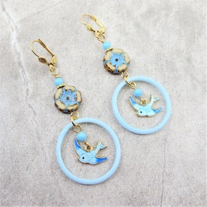 Bird Earrings Bluebird Earrings Vintage Glass Hoop Earrings Blue Bird Jewelry Spring Summer Earrings
