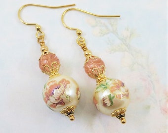 Vintage Tensha Earrings Peach Flower Earrings Tensha Bead Earrings Jewelry Gift