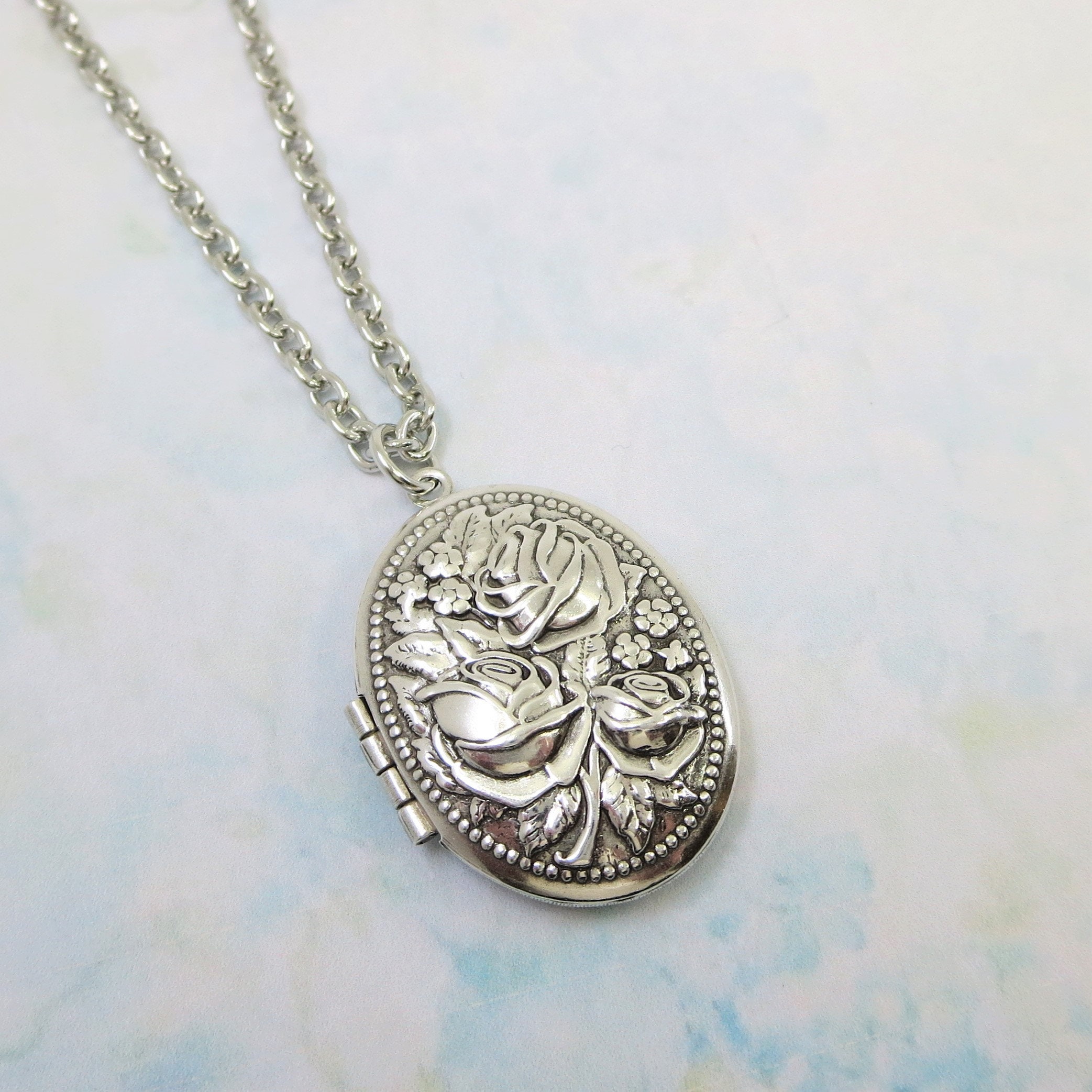 Silver Rose Locket Flower Locket Victorian Locket Oval Locket Etsy