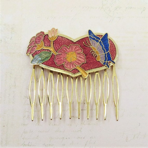 Vintage Cloisonne Hair Comb Red Vintage Enamel He… - image 4