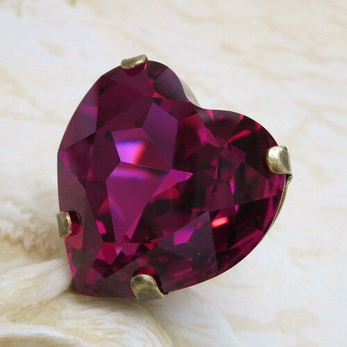 Heart Ring Swarovski Crystal Fuchsia Rhinestone Ring Large Etsy