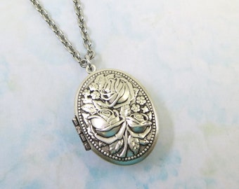 Silver Rose Locket Flower Locket Victorian Locket Oval Locket Jewelry Deep Locket Gift