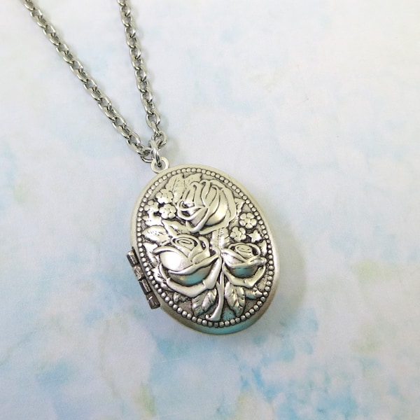 Silver Rose Locket Flower Locket Victorian Locket Oval Locket Jewelry Deep Locket Gift