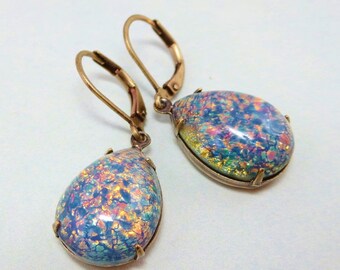 Blue Fire Opal Earrings Vintage Glass Jewels Light Sapphire Blue