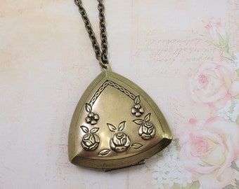 Triangle Locket Rose Locket Flower Locket Art Deco Locket Jewelry Gift