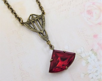 Art Deco Necklace Pendant Fan Necklace Ruby Red Great Gatsby July Birthstone Jewelry Gift