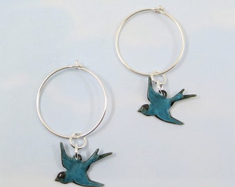 Bird Earrings Dangles Blue Bird Earrings Bluebird Earrings Sparrow Flying Birds Bridal Wedding Nature Jewelry Gift
